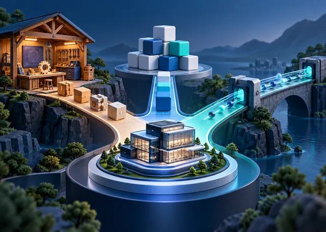 Custom workshop, modular product, and integration bridge converging on one business platform