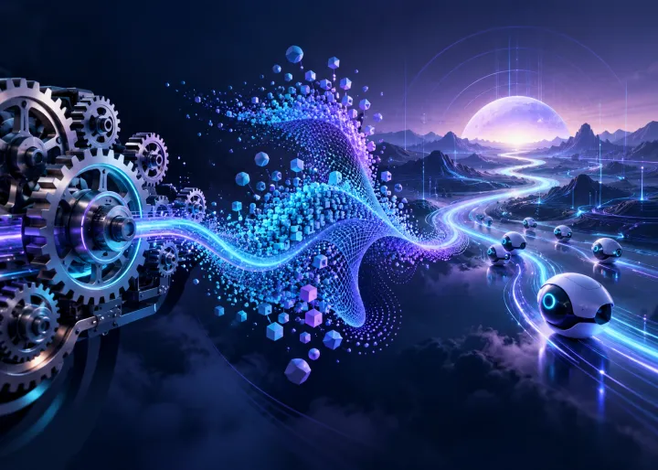 A visual maturity path moving from mechanical automation through generative patterns to prediction and agents