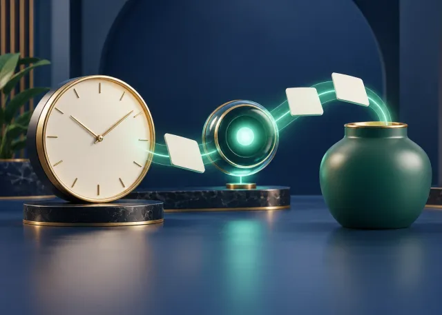 A plain clock and an unlabeled savings vessel connected through an AI lens and blank work tokens