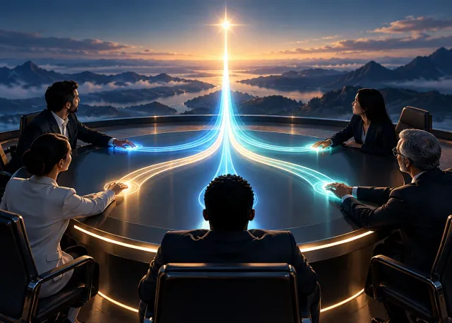 Executives aligning distinct illuminated paths into one shared direction around a circular table