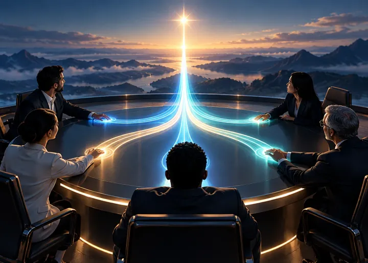 Executives aligning distinct illuminated paths into one shared direction around a circular table