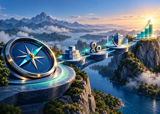 A strategic compass connected to delivery milestones, governance guardrails, and measurable outcomes