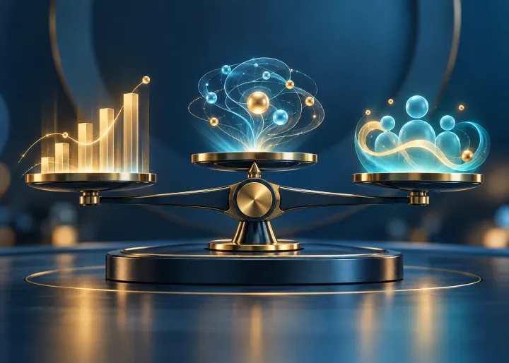 A precision balance measuring productivity, decision quality, and customer experience signals