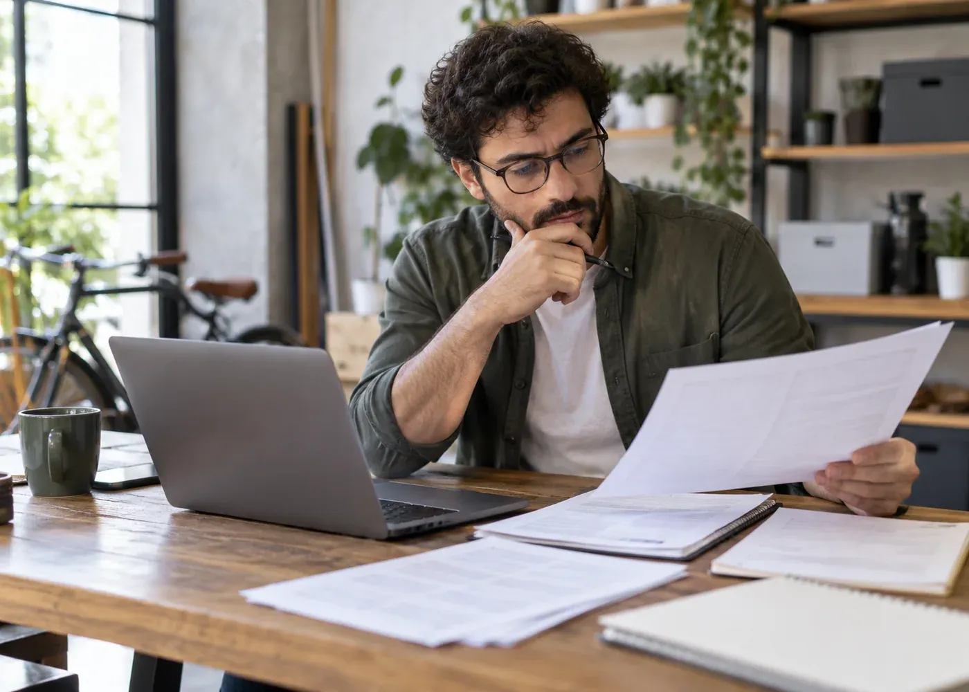 A careful employee reviews an AI-assisted draft against source documents before sharing a customer-facing answer; human responsibility is visibly central.
