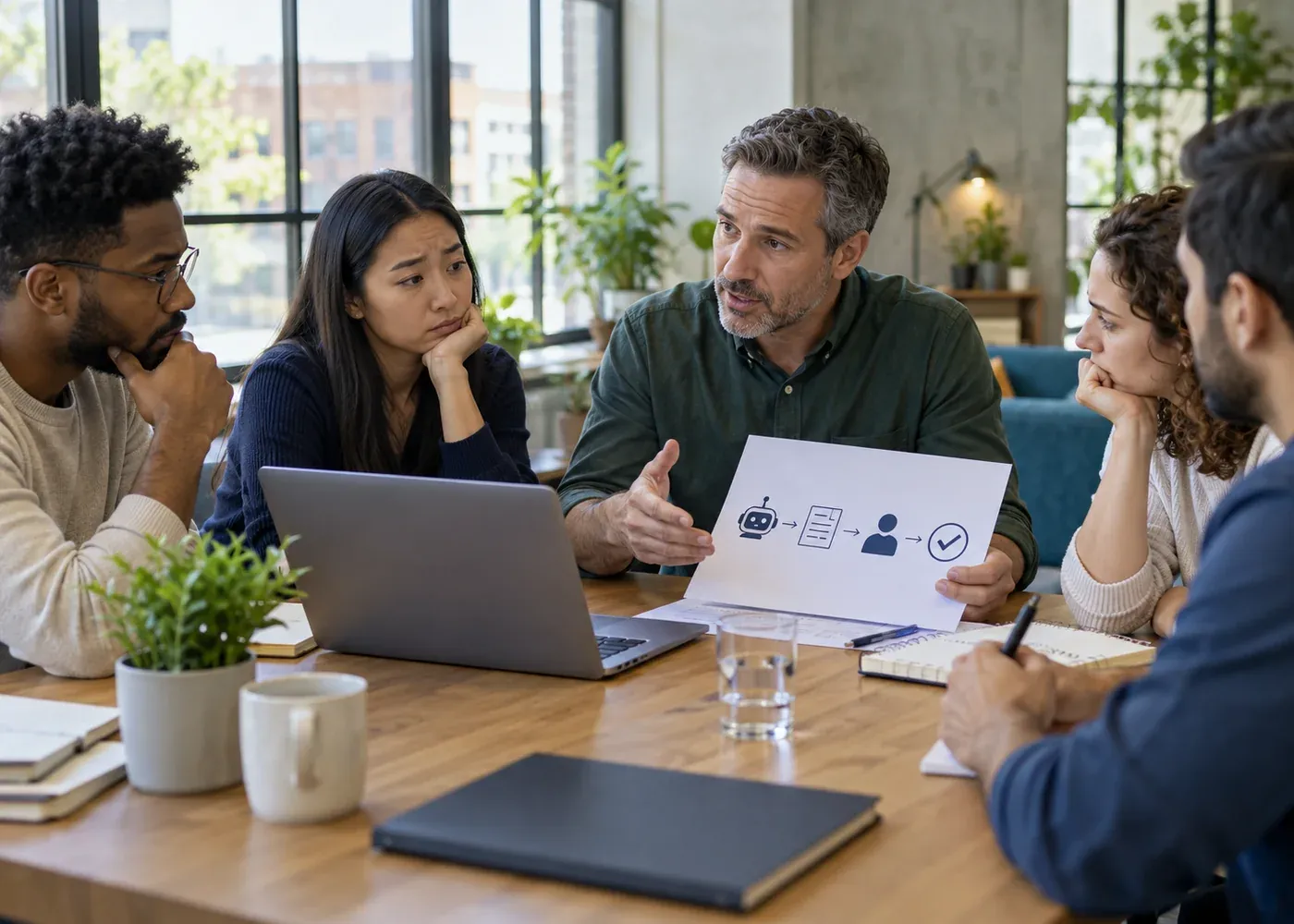 A manager listens to worried staff around a table and openly discusses how an AI-assisted task will be checked by people.