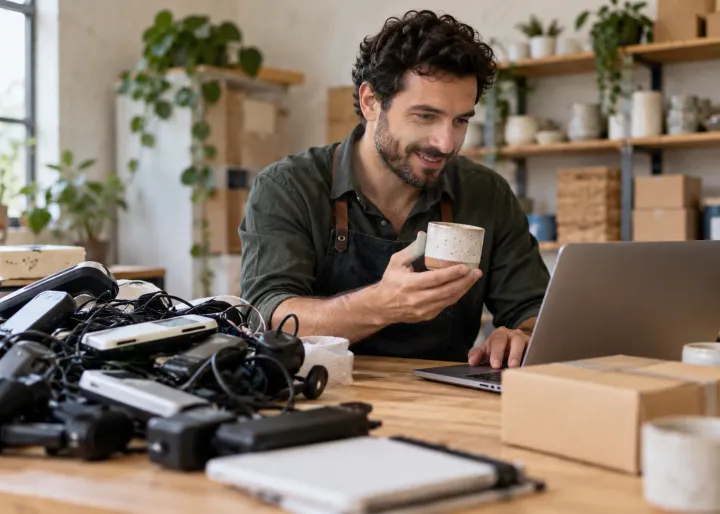 An ordinary small-business owner tests one practical AI-assisted task at a modest worktable, smiling at a useful result while rejecting an overcomplicated pile of gadgets off to the side; grounded, realistic scale.