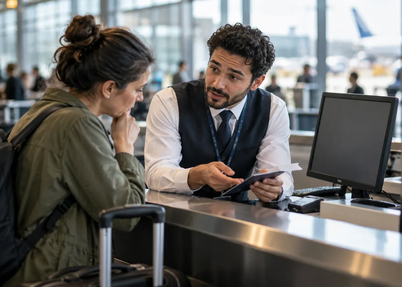 A service employee listens to a customer and works through a specific request, with a blank support screen nearby and a clear human handover.