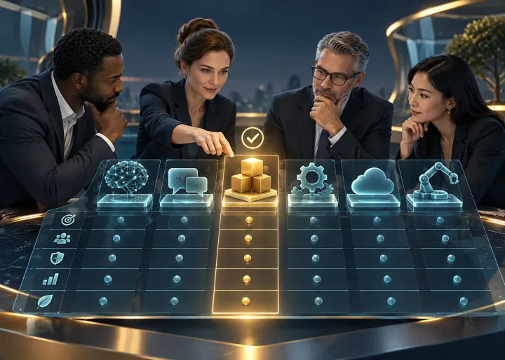 Decision makers evaluating AI solution modules against a transparent criteria framework