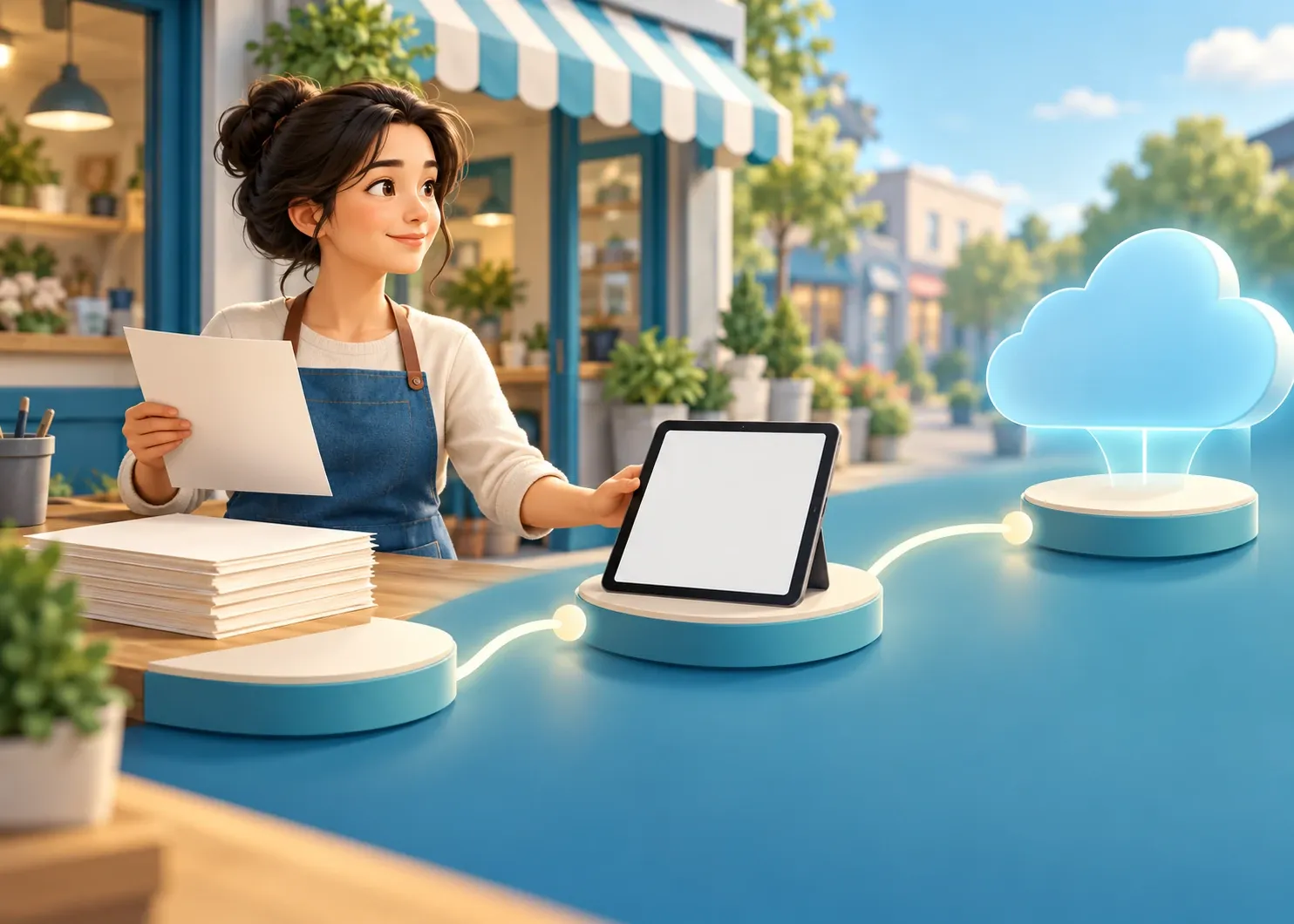 A small-business owner connecting paper records, a blank tablet, and a shared digital hub through simple stepping stones