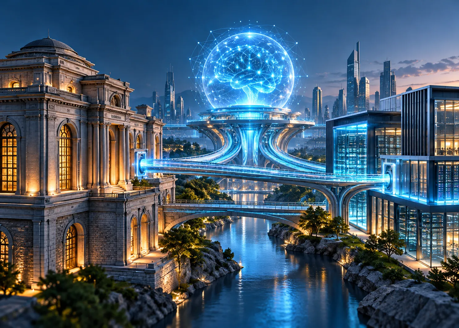 Legacy architecture connected by modern bridges to an AI-enabled digital platform