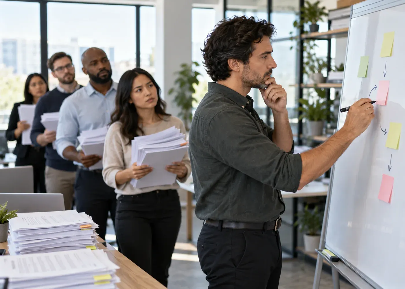 A business owner observes the same administrative request arriving repeatedly while staff queue to resolve it, then notes the bottleneck on a blank planning board.