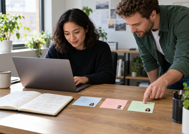 An employee turns scattered handwritten meeting notes into organized task cards with help from a blank laptop, then checks each owner.