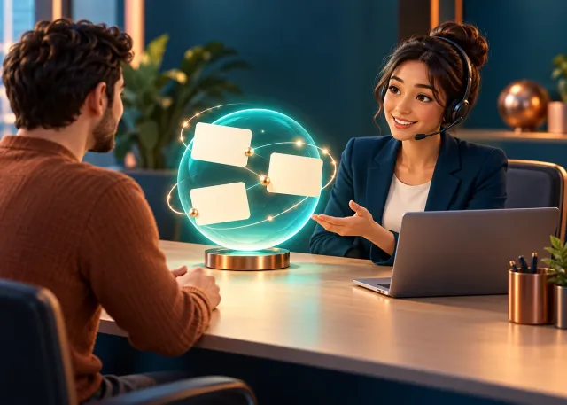 A service specialist helping a customer with an AI information orb organizing blank enquiry cards beside them