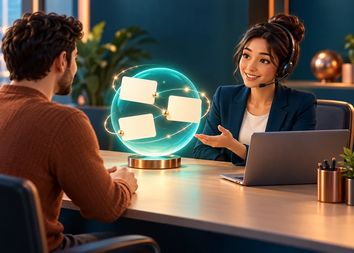 A service specialist helping a customer with an AI information orb organizing blank enquiry cards beside them