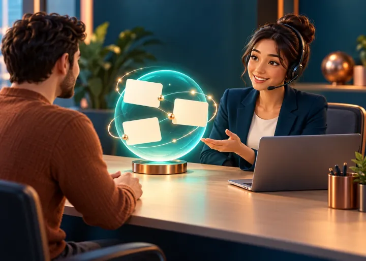 A service specialist helping a customer with an AI information orb organizing blank enquiry cards beside them