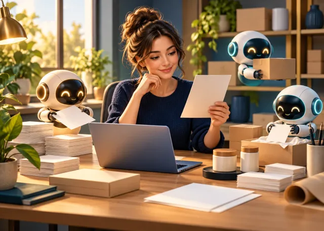A small-business owner reviewing work while three AI helpers organize blank paperwork and product materials