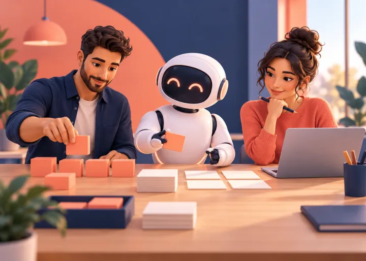 Two colleagues working with a friendly AI assistant at a shared workbench with blank task components