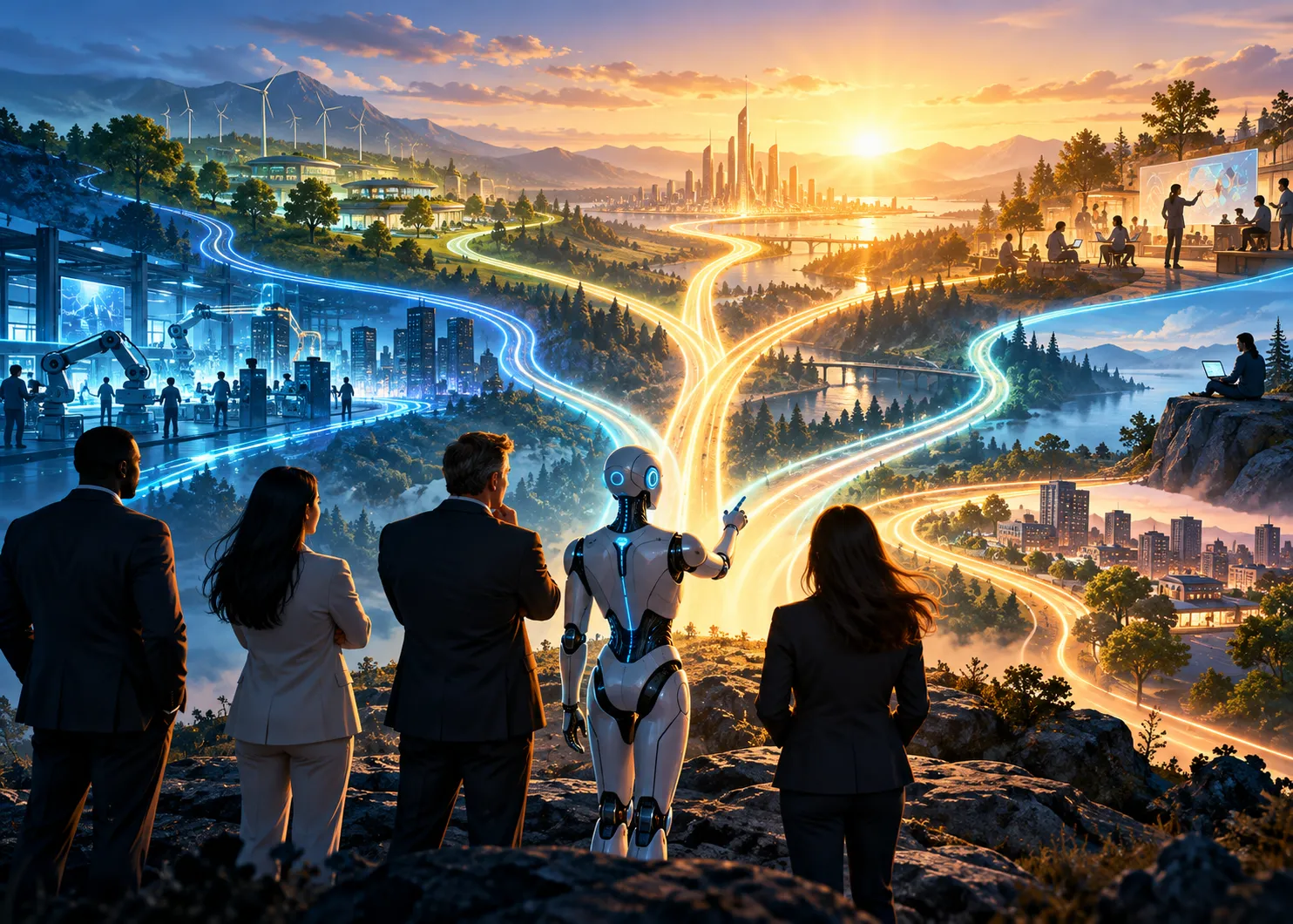 Business leaders viewing several AI-enabled strategic paths across industries and future workplaces
