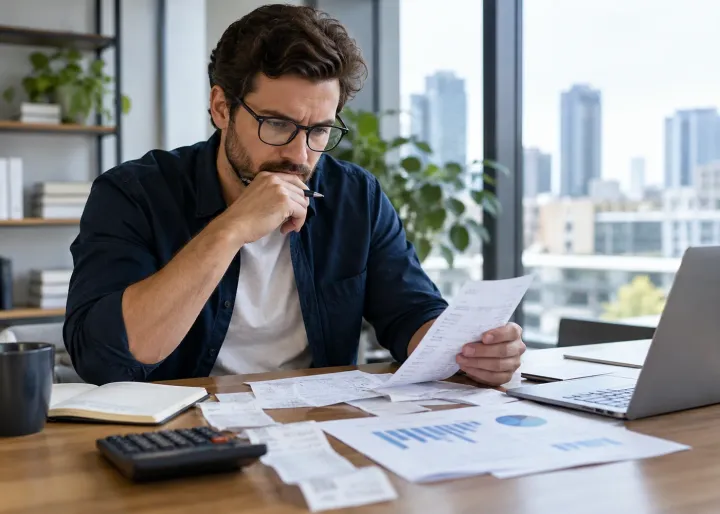 An owner reviews real receipts, invoices, and an unlabelled financial chart to understand costs and next decisions.