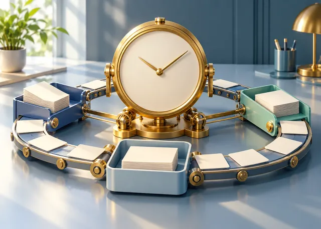 A clock with a blank face beside connected trays circulating blank task cards around an orderly workstation