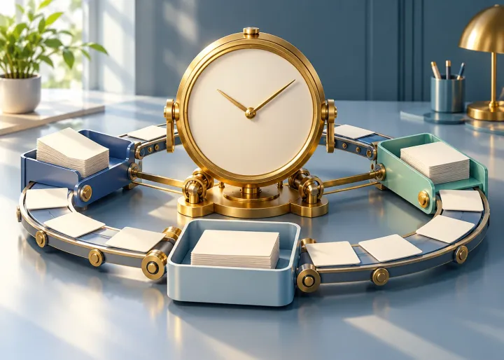 A clock with a blank face beside connected trays circulating blank task cards around an orderly workstation