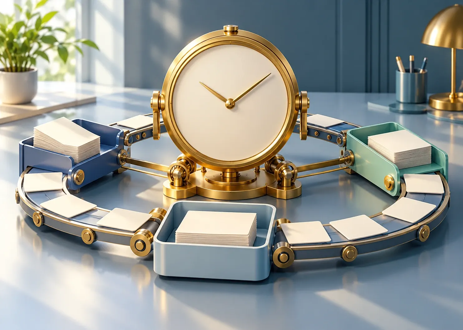 A clock with a blank face beside connected trays circulating blank task cards around an orderly workstation