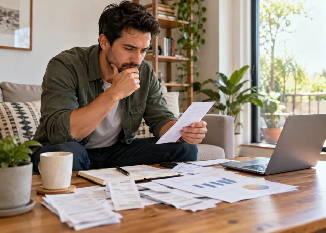 An owner reviews real receipts, invoices, and an unlabelled financial chart to understand costs and next decisions.