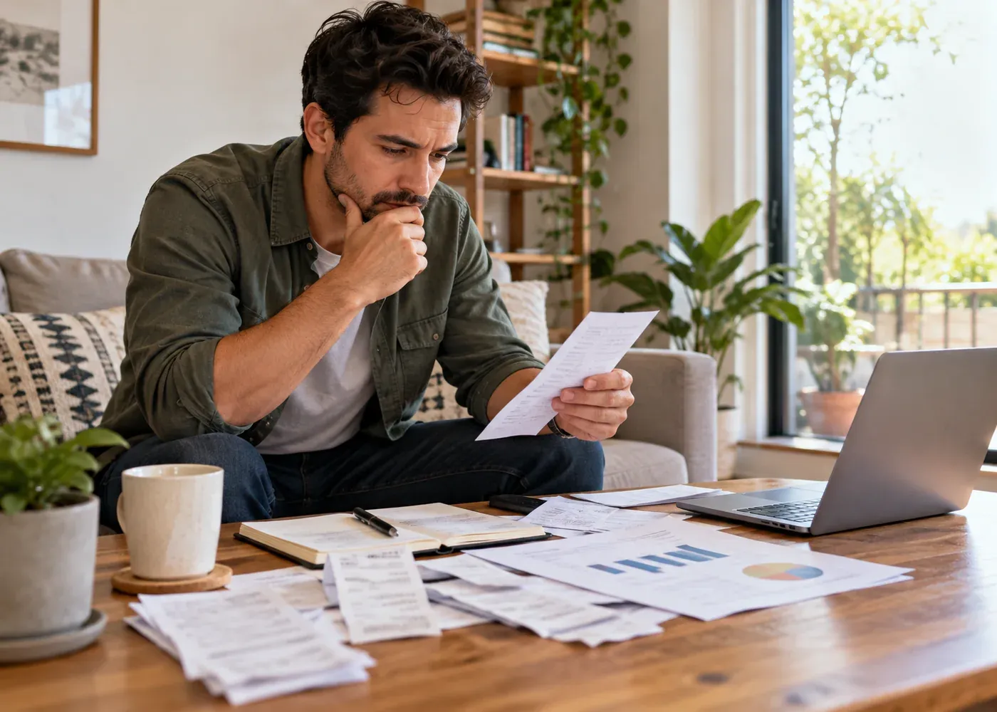 An owner reviews real receipts, invoices, and an unlabelled financial chart to understand costs and next decisions.
