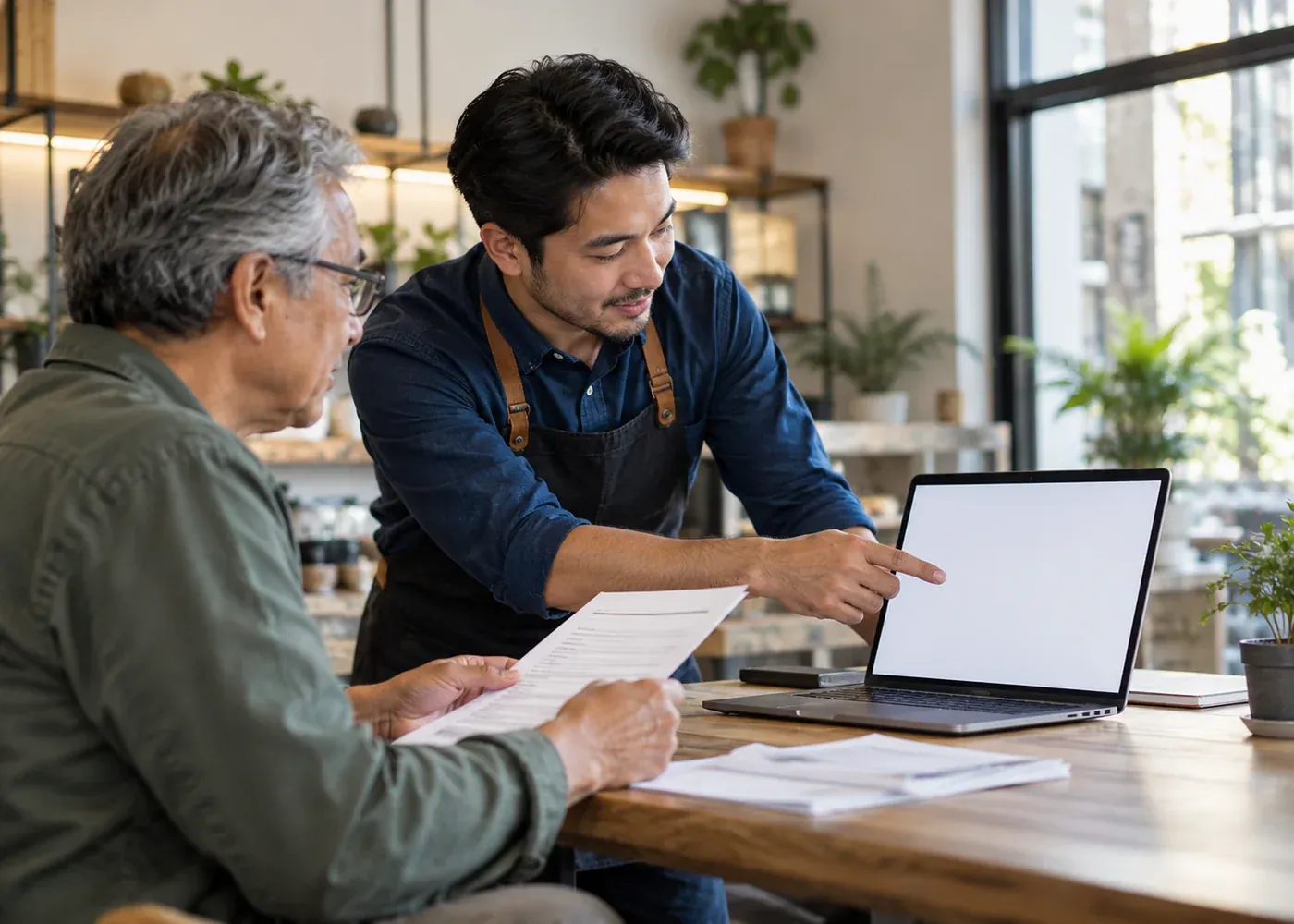 A service provider helps a customer move a formerly paper-based task onto a simple blank digital screen.