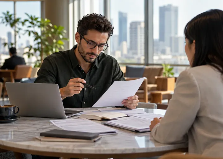 A careful employee reviews an AI-assisted draft against source documents before sharing a customer-facing answer; human responsibility is visibly central.