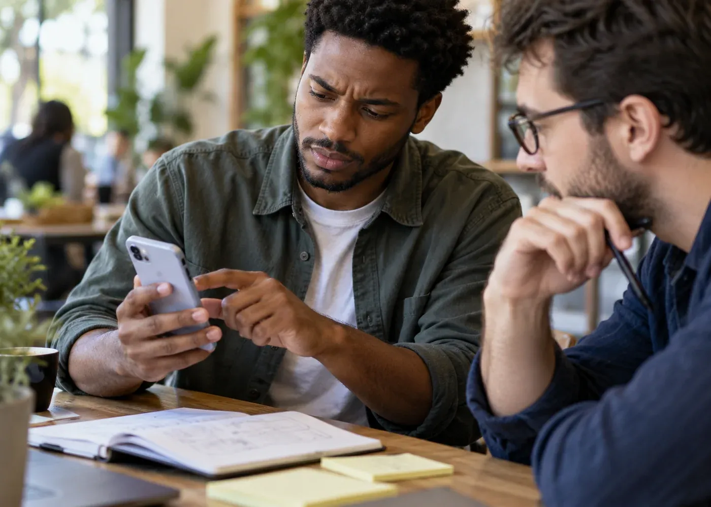 An entrepreneur observes a potential customer trying a simple phone prototype and notes confusion before investing in a full build.