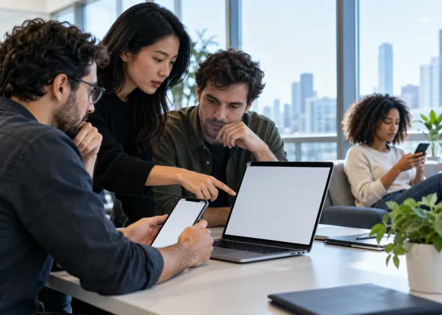 A product team studies a prototype on a blank phone and laptop, comparing it with a customer using the service nearby.