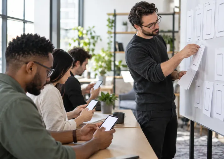 A product designer watches customers complete a real online task on blank phones, then removes unnecessary prototype cards from a planning board.