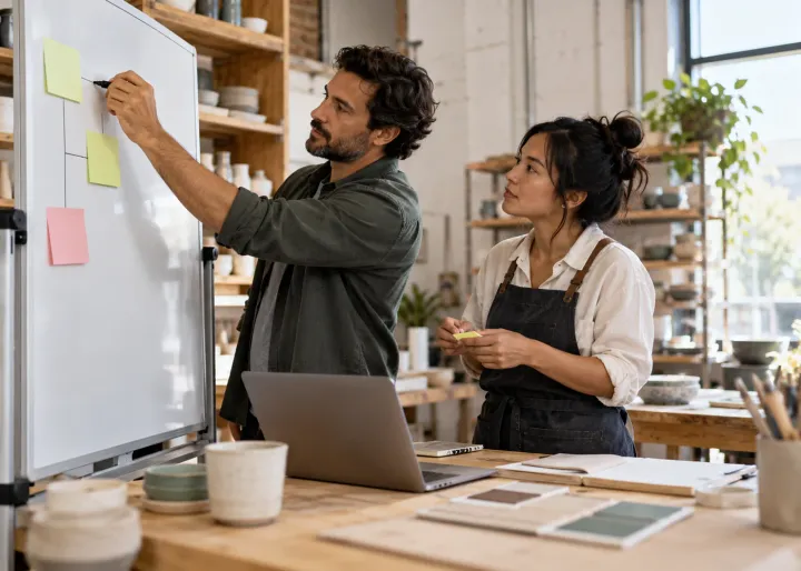 A business owner and one colleague define a small first AI experiment using a blank planning board and sample work.