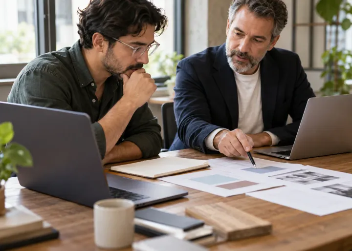A business owner and a technology adviser examine a real workflow together at a table, comparing options with blank screens and sample materials.