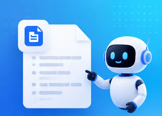 A friendly robot pointing at a text file listing website links