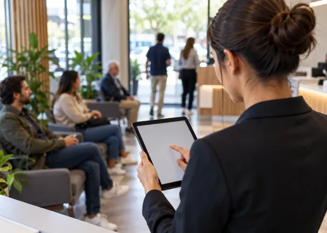 A receptionist coordinates real customer appointments and a waiting area using a blank tablet, keeping guests informed.