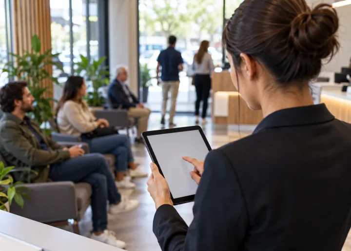 A receptionist coordinates real customer appointments and a waiting area using a blank tablet, keeping guests informed.