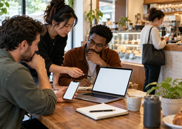 A product team studies a prototype on a blank phone and laptop, comparing it with a customer using the service nearby.