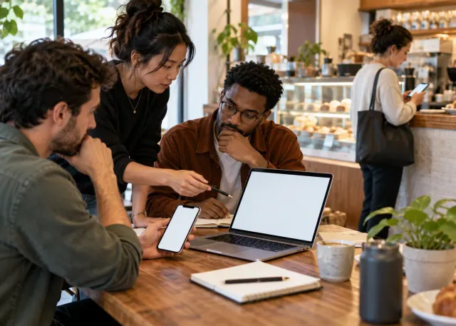 A product team studies a prototype on a blank phone and laptop, comparing it with a customer using the service nearby.