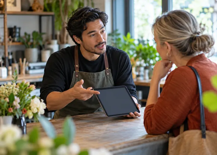 A staff member openly explains an AI-assisted service step to a customer face-to-face, points to a blank tablet, and invites the customer to ask a question; visible transparency and human accountability.