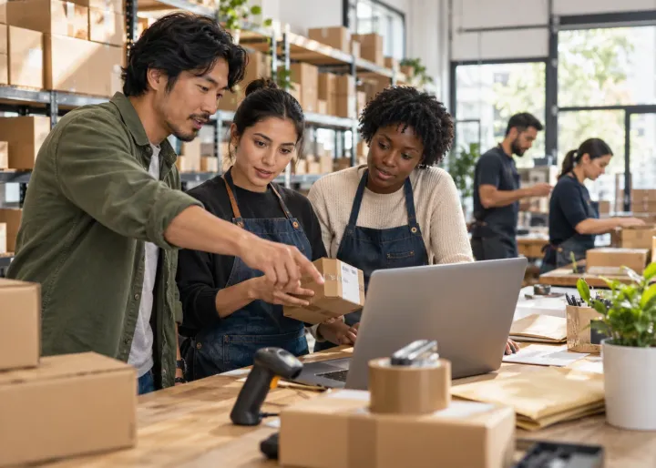 A small team grows into a larger operation, with staff training a new colleague on a proven AI-assisted order workflow at a real fulfilment station.