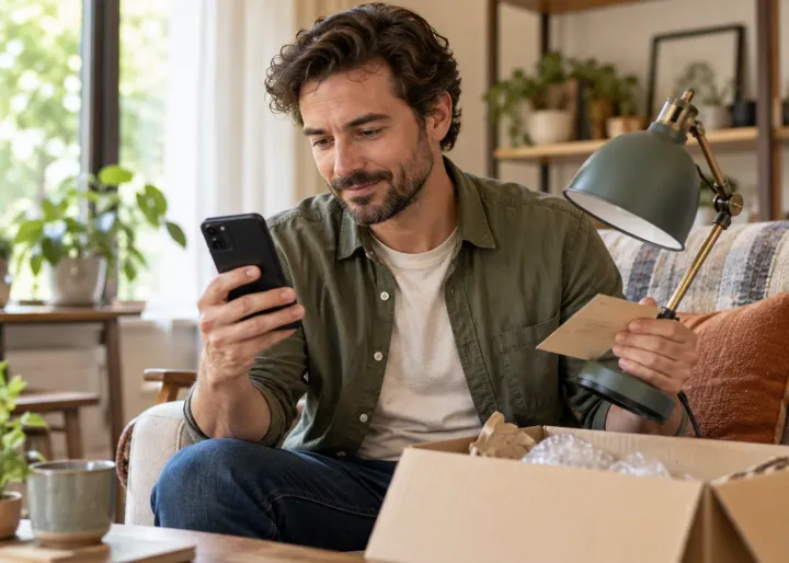 At home, a customer checks the progress of a repair request on a blank phone while holding the repaired item and reference card; a single clear point of contact, no screen text.