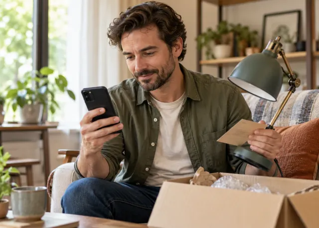 At home, a customer checks the progress of a repair request on a blank phone while holding the repaired item and reference card; a single clear point of contact, no screen text.