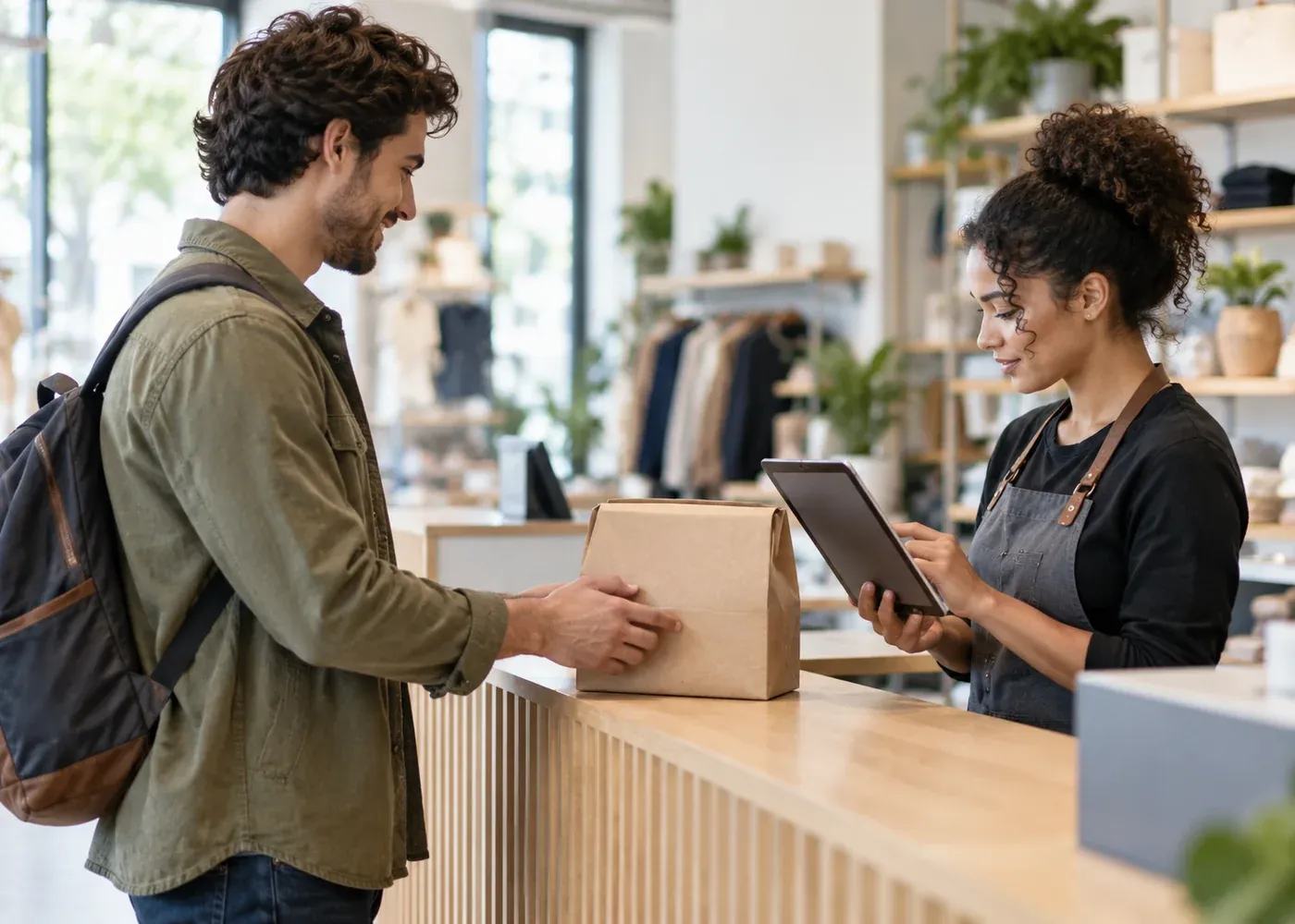 A customer collects an item in a store after placing an online order, and the employee checks the same order on a blank tablet at the pickup counter.