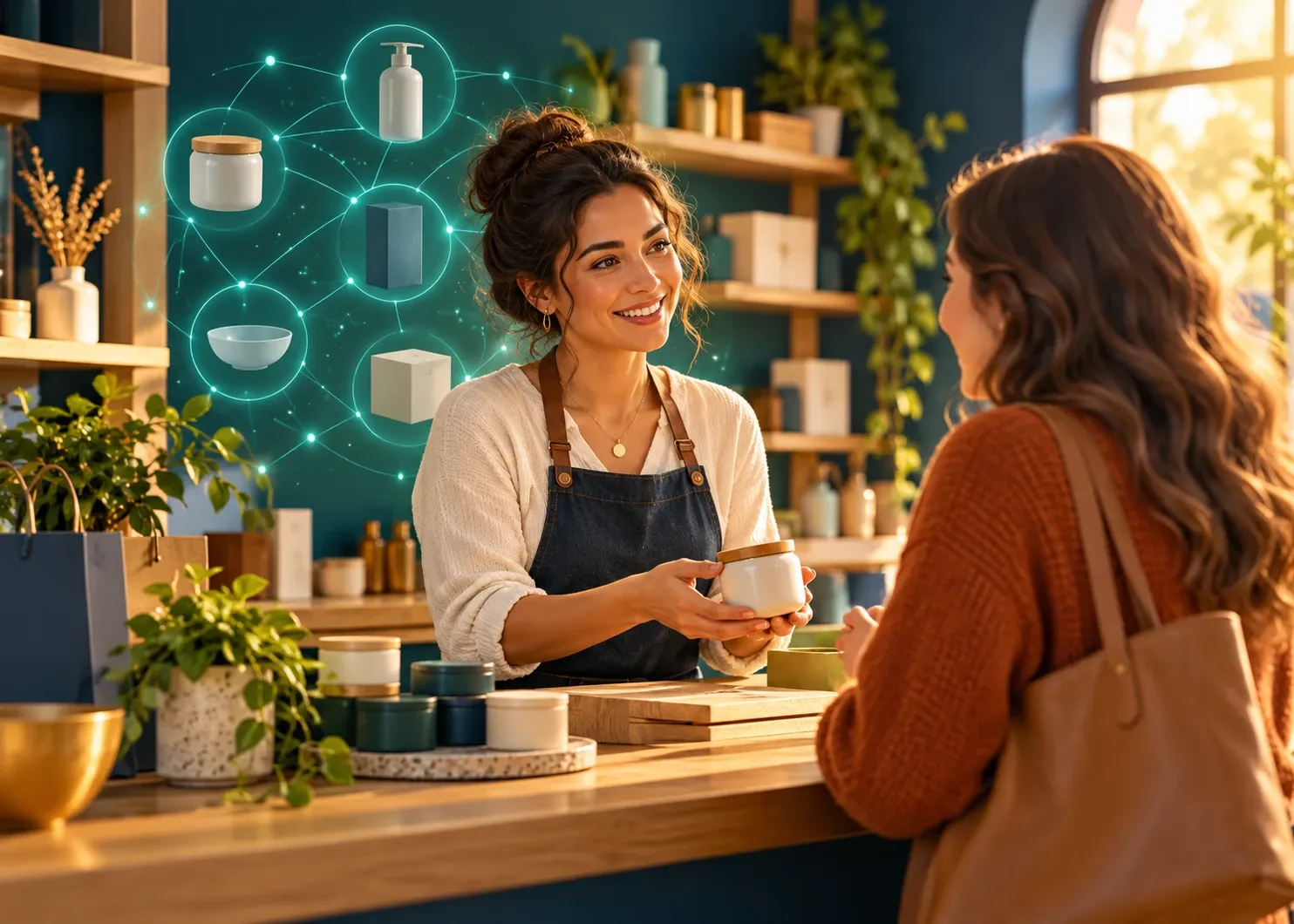 A shop owner helping a customer while a discreet AI network organizes product information behind them