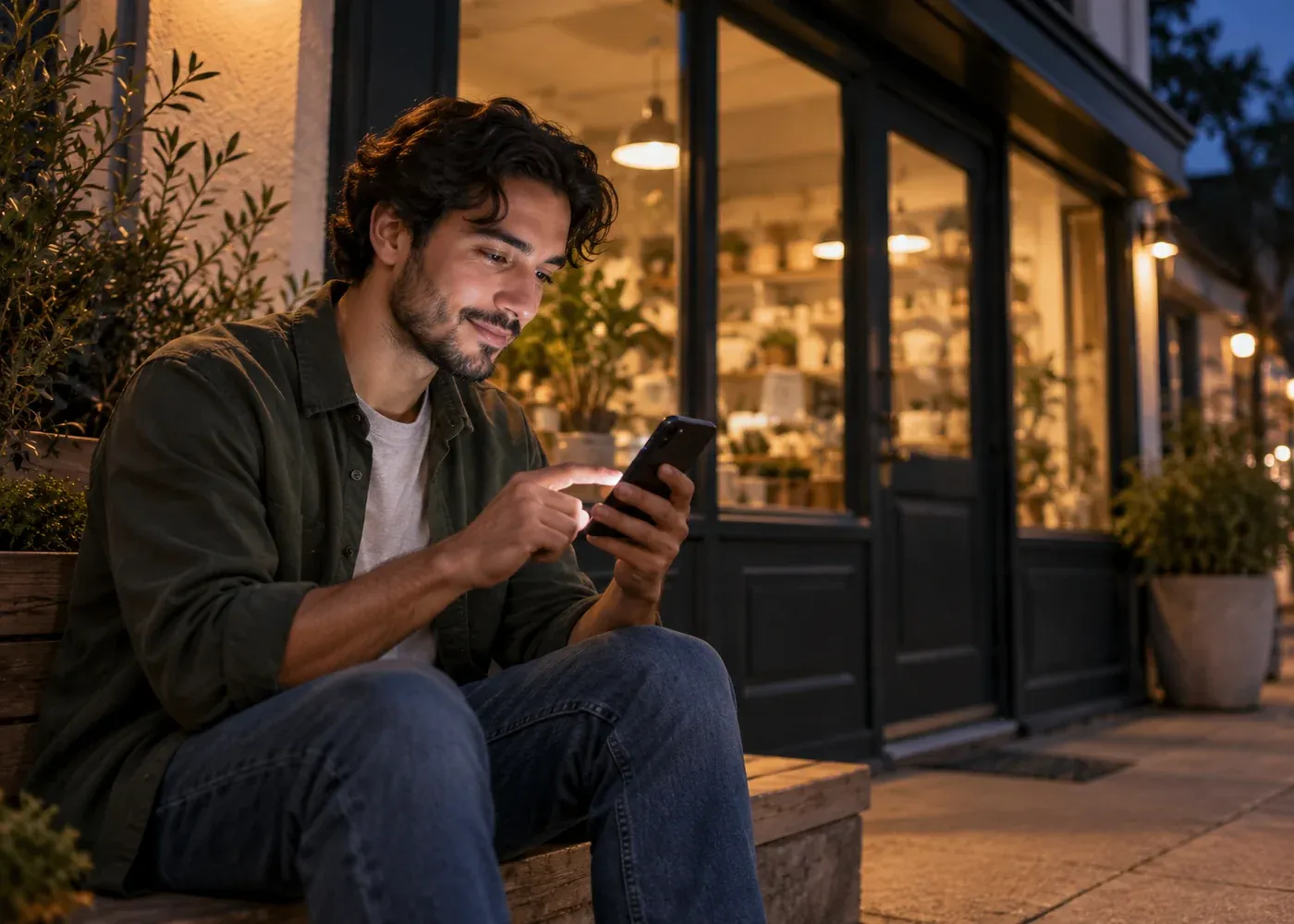 In the evening, a customer independently finds a simple answer on a blank phone from home while the small business storefront is closed in the background.