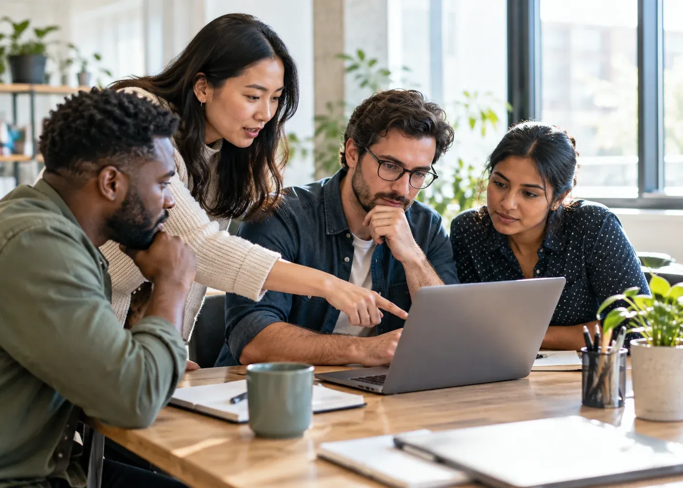 A small, diverse team tries a new AI-assisted work routine together, discussing and checking the result at a shared table.