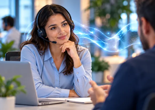A support employee resolving a customer problem with a subtle AI assisted information display