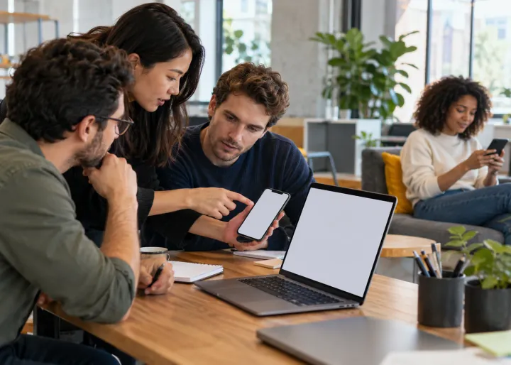 A product team studies a prototype on a blank phone and laptop, comparing it with a customer using the service nearby.